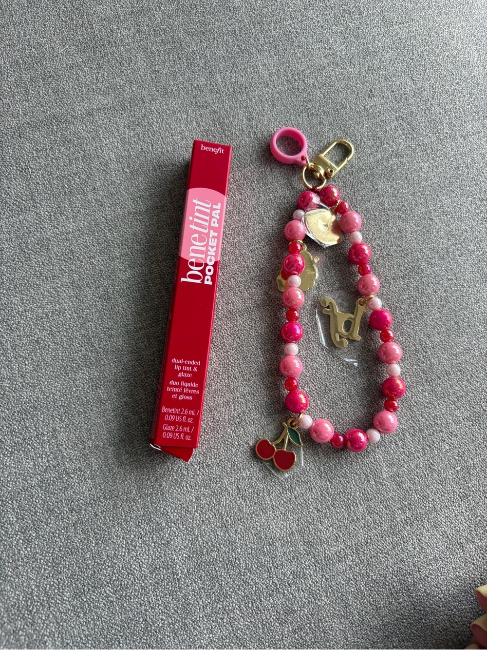 Benefit Pink Beaded Charm Key & Card Holder with Gold Accents